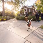 People run with a dog in front of the Macalester College sign