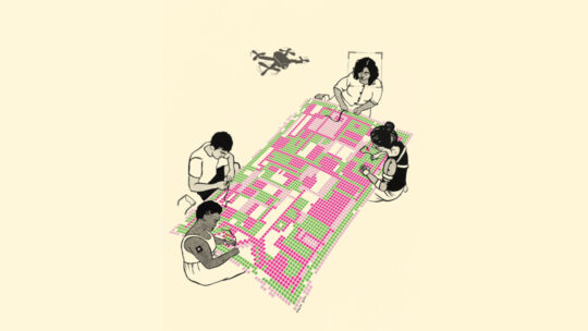 Abstract, graphic artwork featuring four people sewing a digital representation of a quilt, each sitting on different side in each cardinal direction. There is a drone with four propellers in the air next to the top-most person.