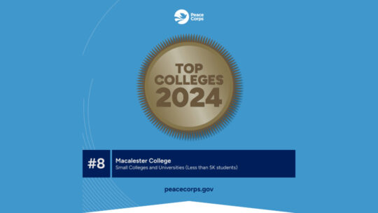 Banner announcing Macalester's ranking as eighth among small colleges that are top producers of Peace Corps volunteers.