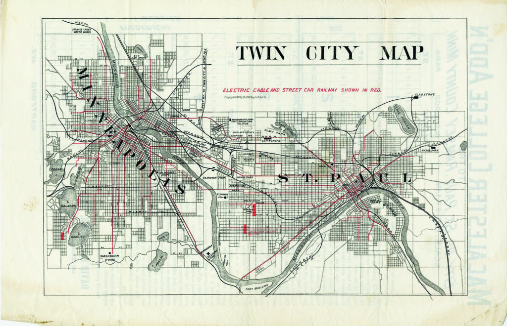 Historic 1889 Twin Cities map showing electric cable and streetcar railway lines in red, including a route along Grand Avenue from downtown St. Paul to Cleveland Avenue.