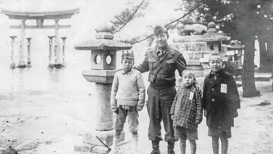 Shigeru Ochi ’49 with young relatives in Miyajima Island, Japan, after atomic bombs were detonated over Hiroshima and Nagasaki in 1945.