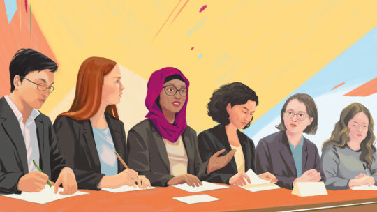 Illustration of 2025 Macalester Ethics Bowl team competing in the National Championship