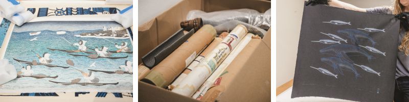 Macalester curator Heather Everhart shares material from a recent gift of Inuit art: Qavavau Manumie ᑲᕙᕙᐅ ᒪᓄᒥ, Migration of the Whales, 2002; dozens of prints arrived tightly rolled in tubes; Mary Pudlat, The Whale Hunt, 1990.