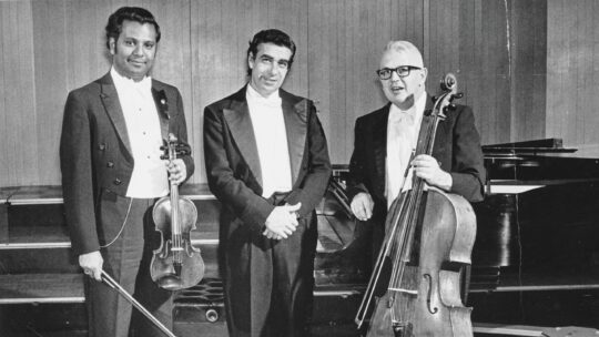 The Macalester Trio posing with their instruments in a concert hall.