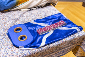 Designed by current students, the Torah's new clothes on display at the welcoming ceremony. (David J. Turner)