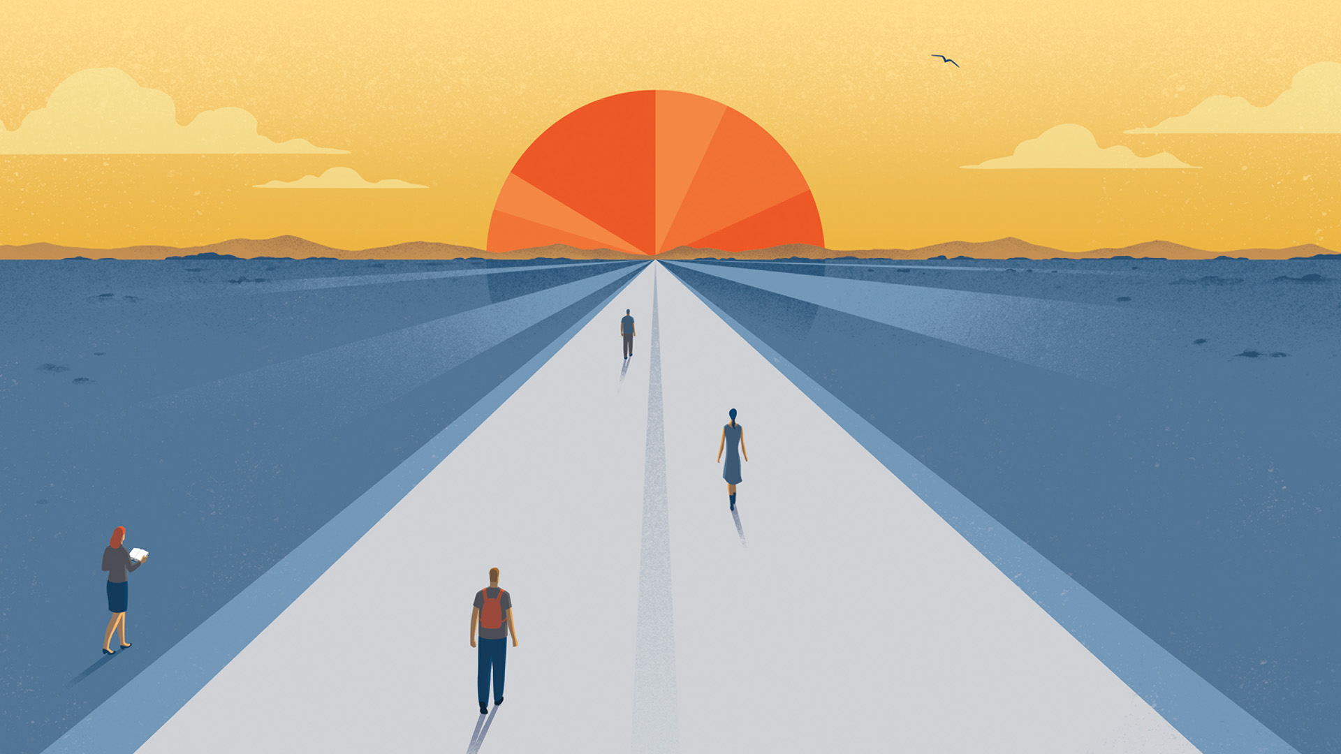 Illustration of four people walking toward a sunset