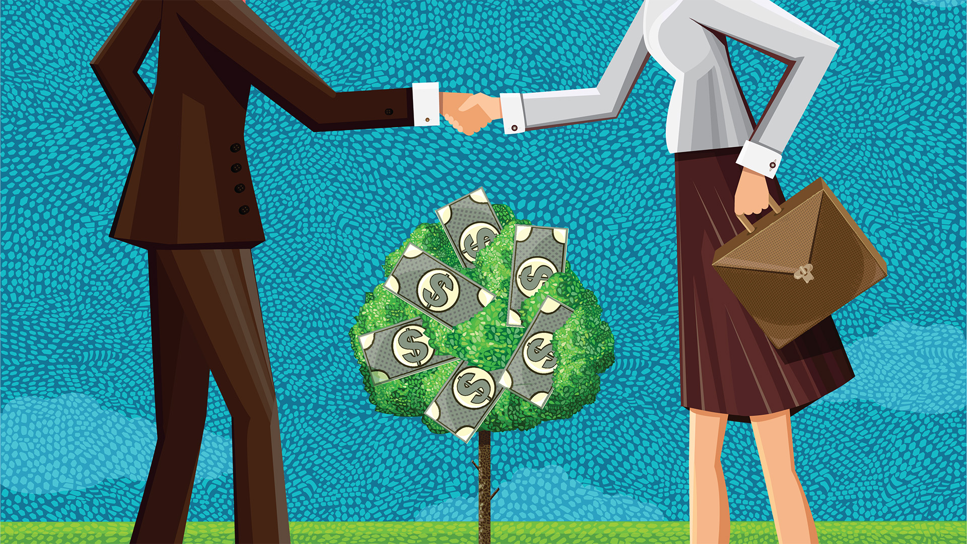 Illustration of two people shaking hands and standing over a tree with dollar bills for leaves