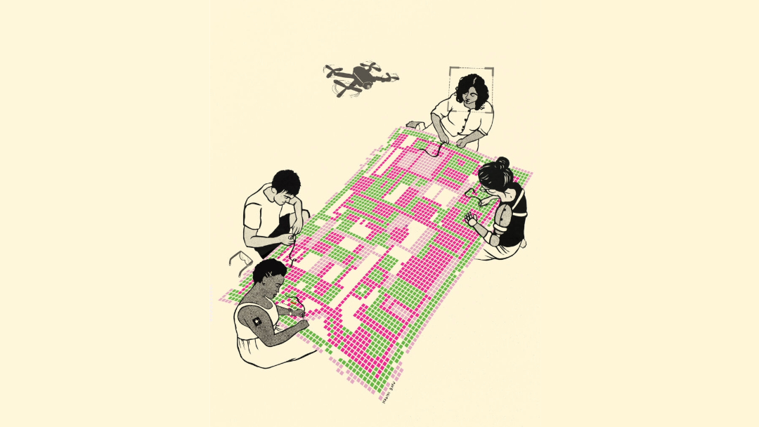 Abstract, graphic artwork featuring four people sewing a digital representation of a quilt, each sitting on different side in each cardinal direction. There is a drone with four propellers in the air next to the top-most person.