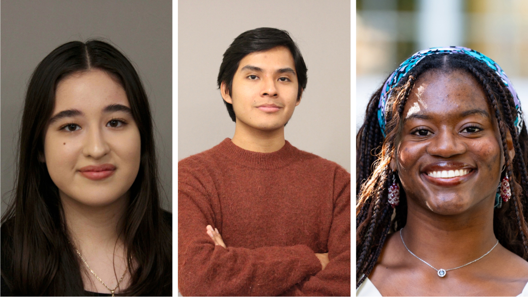 The three student winners headshots, left to right: Ana Alvarez ʼ26, Hermogenes David Rios Torres ʼ27, Danielle Nartey ʼ26