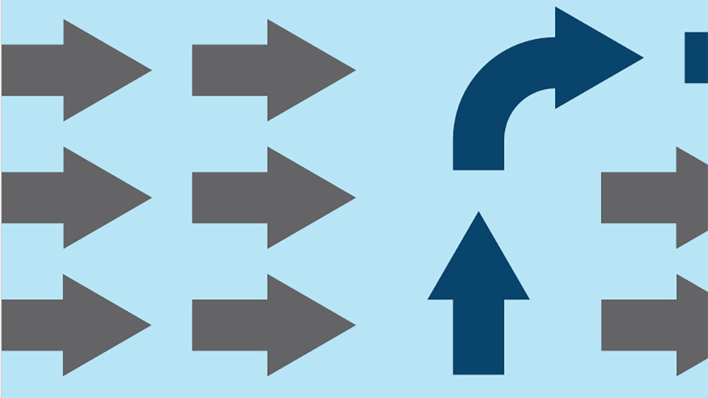 On a light blue background, three columns of gray arrows point to the right while one column of blue arrows points upward and turns to the right