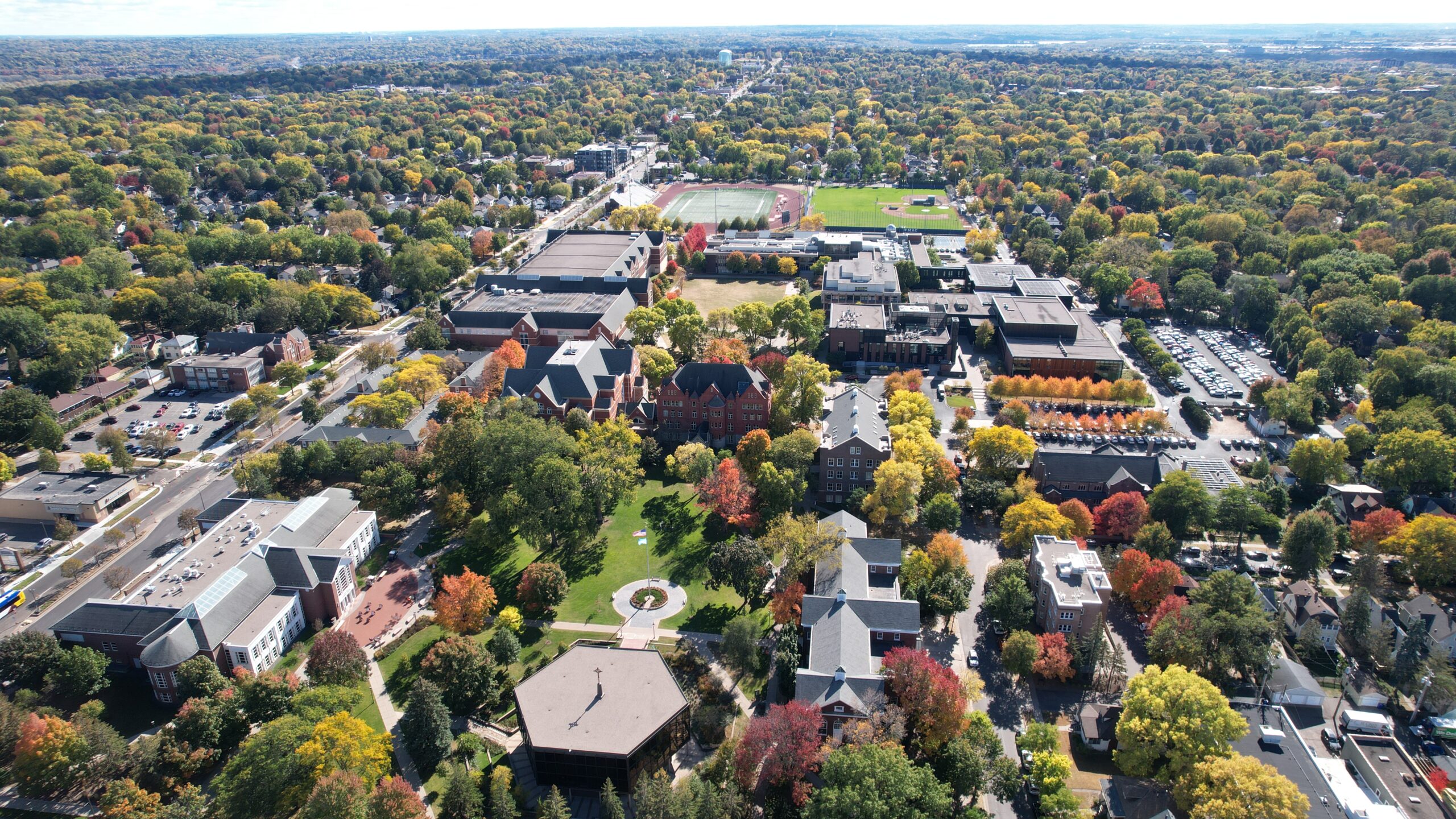 Drone shot of Macalester campus from above