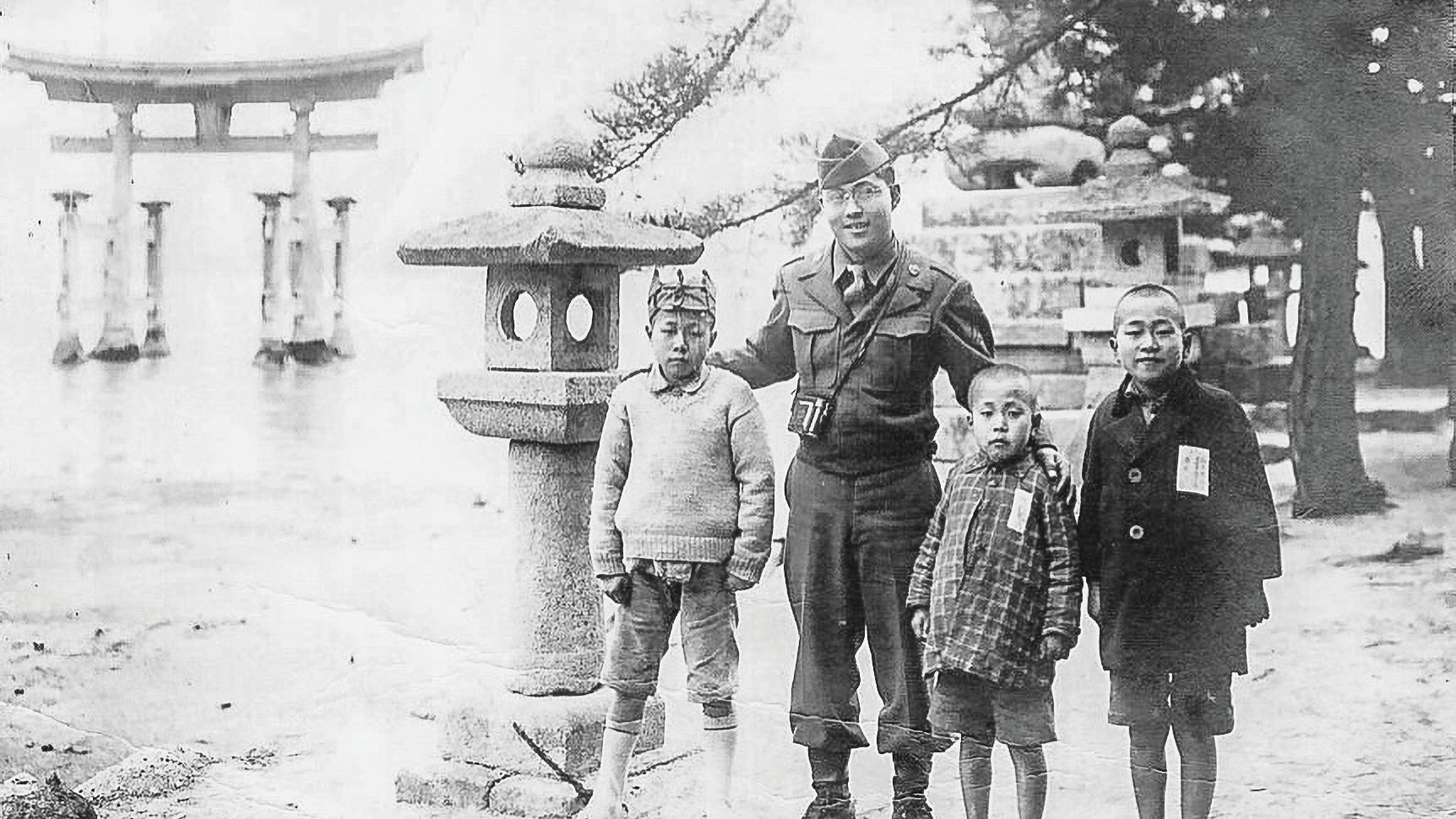 Shigeru Ochi ’49 with young relatives in Miyajima Island, Japan, after atomic bombs were detonated over Hiroshima and Nagasaki in 1945.