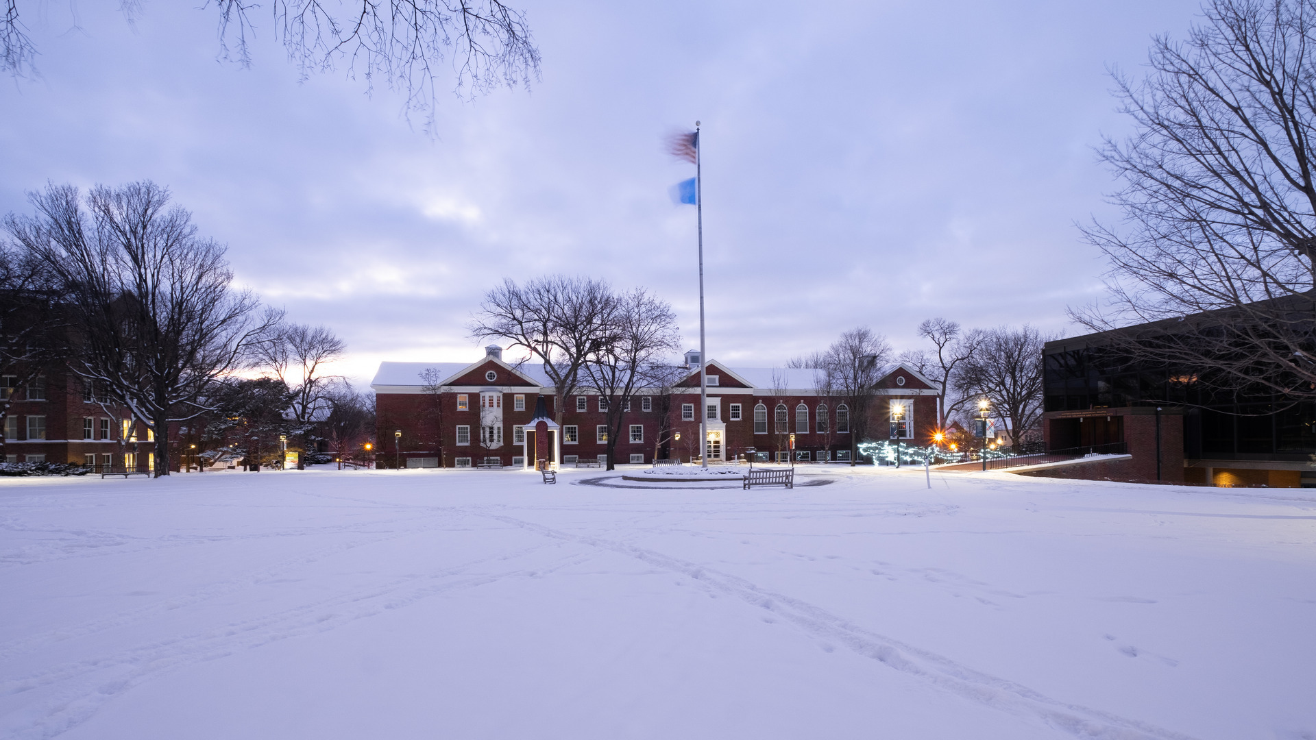 Macalester campus on a snowy evening