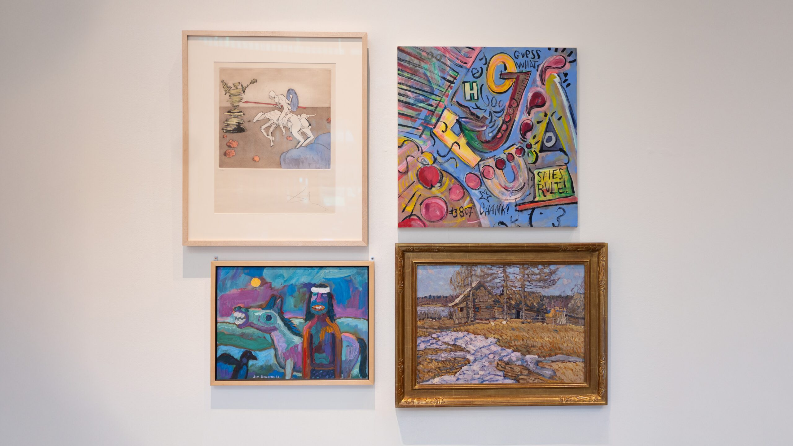 Four pieces from Macalester’s permanent collection (clockwise from top left): Salvador Dalí, The Quest, 1981; Chank Diesel ’90, Guess What? Spies Rule! #3807, no date; Valerian Mikhailovich Formozov, Stogov’s Yard, 1983; and Jim Denomie, Indian, Horse, and Crow, 2012.