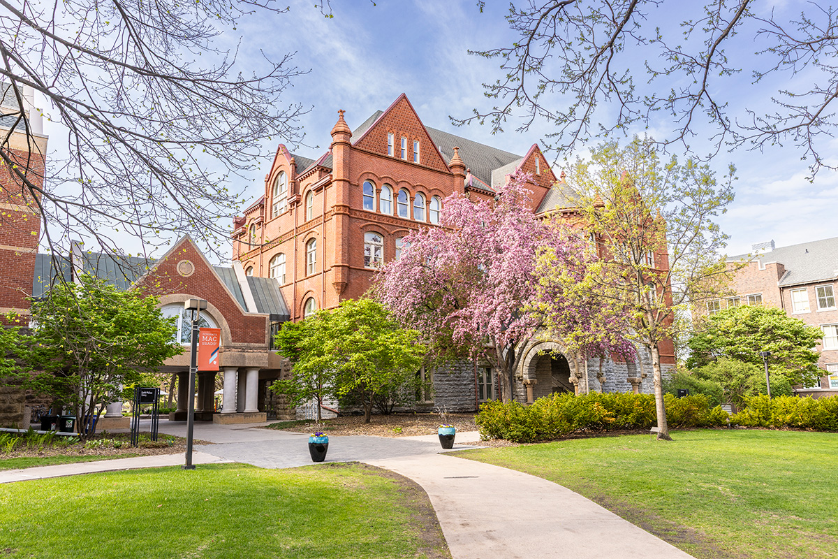 Buds and pink flowers start to appear on trees on Macalester's Great Lawn in front of Old Main, a historic red brick building