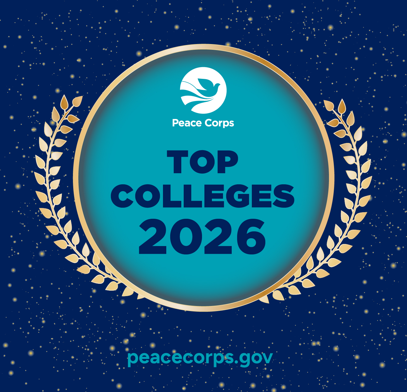 Teal badge that says Peace Corps Top Colleges 2026 with gold laurel leaf edges and a navy blue background