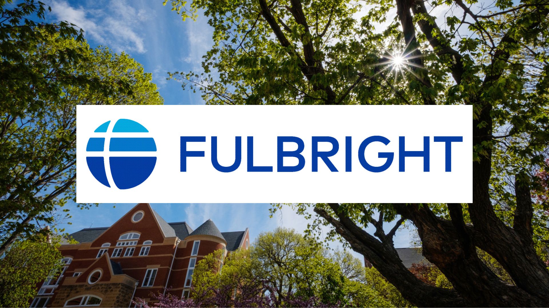The Fulbright logo on a sunny shot of Macalester's trees.