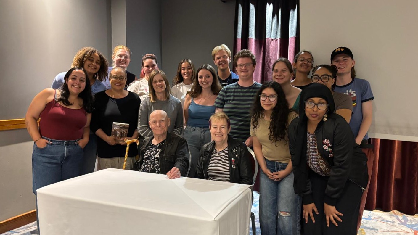 Members of the short-term study away course in Northern Ireland pose with Goretti Horgan and Eamonn McCann.