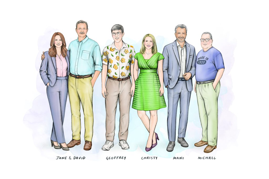 Illustration of Jane Breckinridge ’86, David Bohlken ’86, Dr. Geoffrey Gates ’70, Dr. Christy Haynes ’98, Dr. Mani Mokalla ’96, and Michael Wammer ’61.