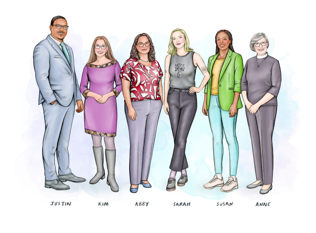 Illustration of Justin Brandon ’00, Kim Cole ’96, Abby Dos Santos ’01, Dr. Sarah Ziegenhorn ’11, Dr. Susan Brown ’07, and Rev. Anne E. Derse ’76.