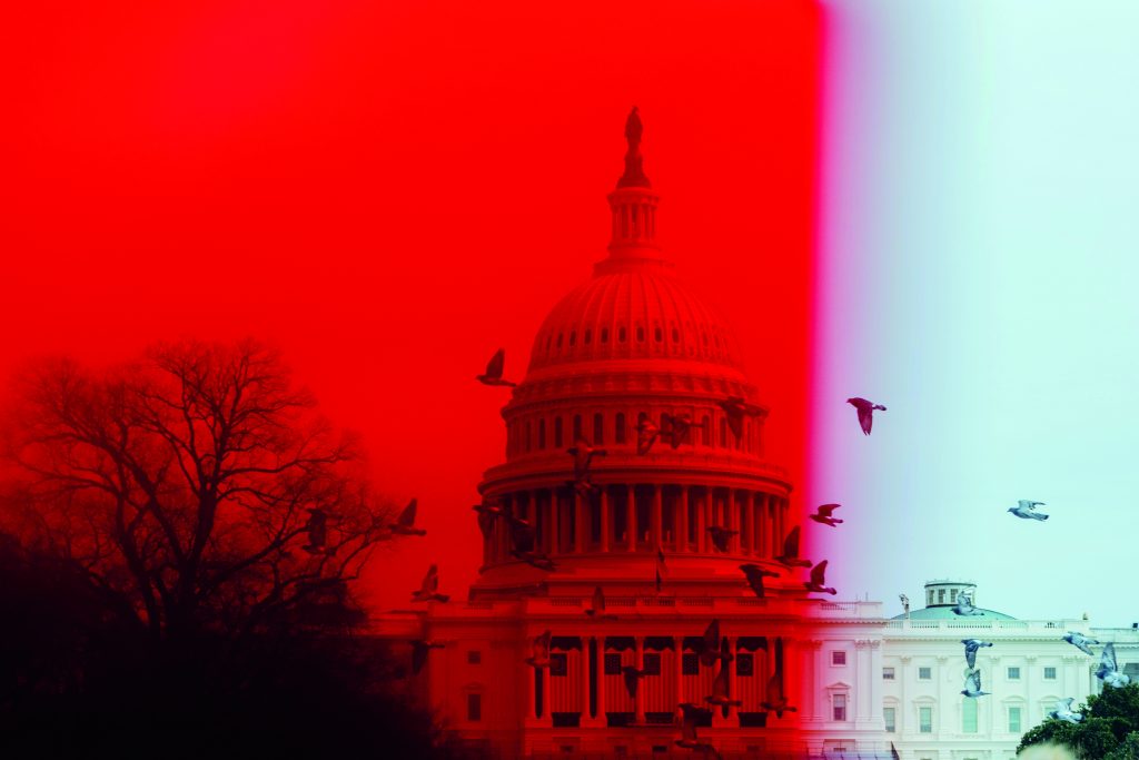 A photo of the capitol building in Washington D.C. Half of the image is covered with a red film.