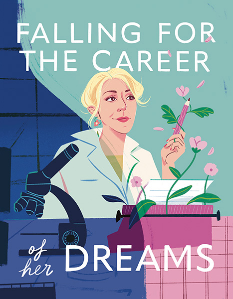 Illustration of Lauren Billings holding a pencil and sitting behind a typewriter with a microscope next to her