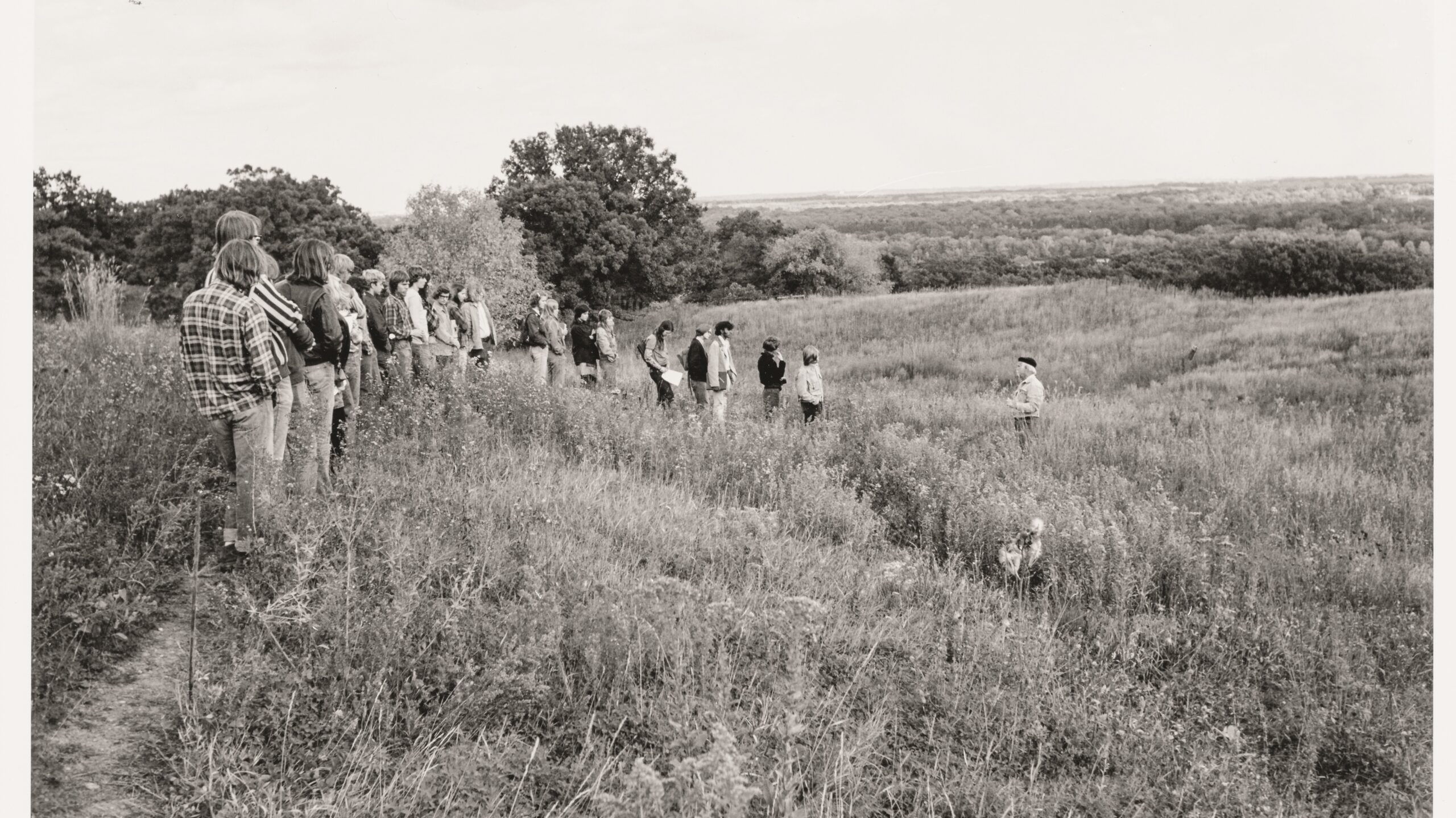 Macalester students walk through a field in the Katharine Ordway Natural History Study Area.