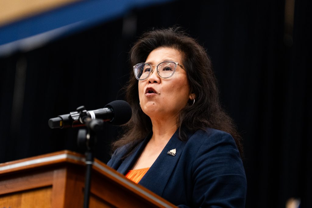 Saint Paul mayor Kaohly speaks at Macalester's 2026 Opening Convocation.