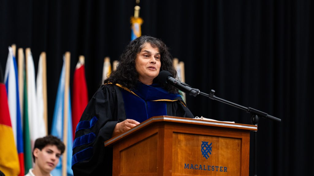 Keynote speaker Dr. Roopali Phadke, professor and chair of the Department of Environmental Studies, addresses the audience at Opening Convocation.