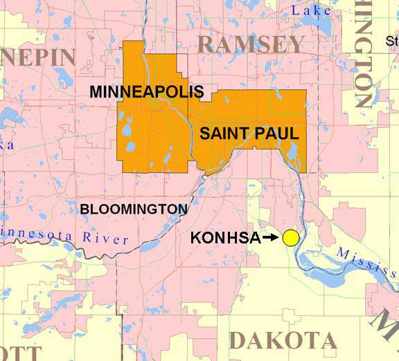 Map of Twin Cities with Ordway Field Station south of St. Paul