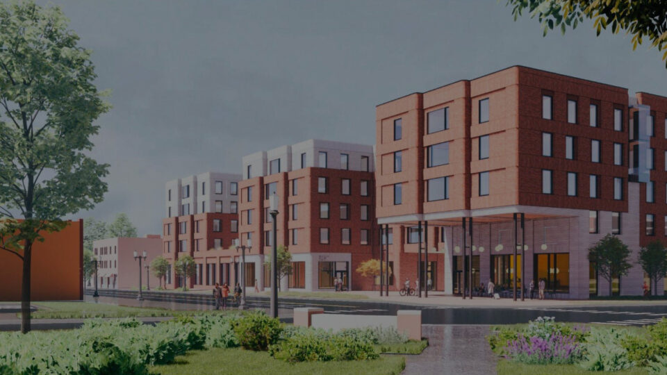 Rendering of the new residence hall and welcome center as seen from the street corner.