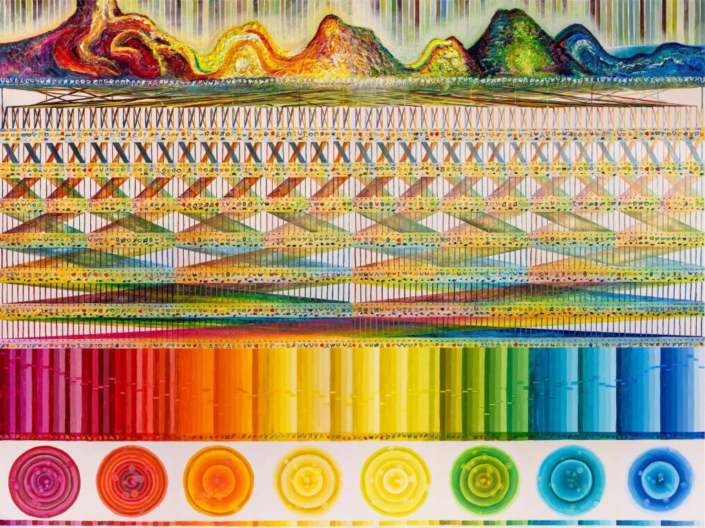 Frequency Transformation is a 72 x 96 in. acrylic painting on canvas depicting a 128-point fast Fourier transform. A rainbow-colored landscape and tree-root elevation data input runs across the top, layered crisscrossing butterfly diagrams fill the middle, and a saturated rainbow spectrum with eight circular phase diagrams appears along the bottom.