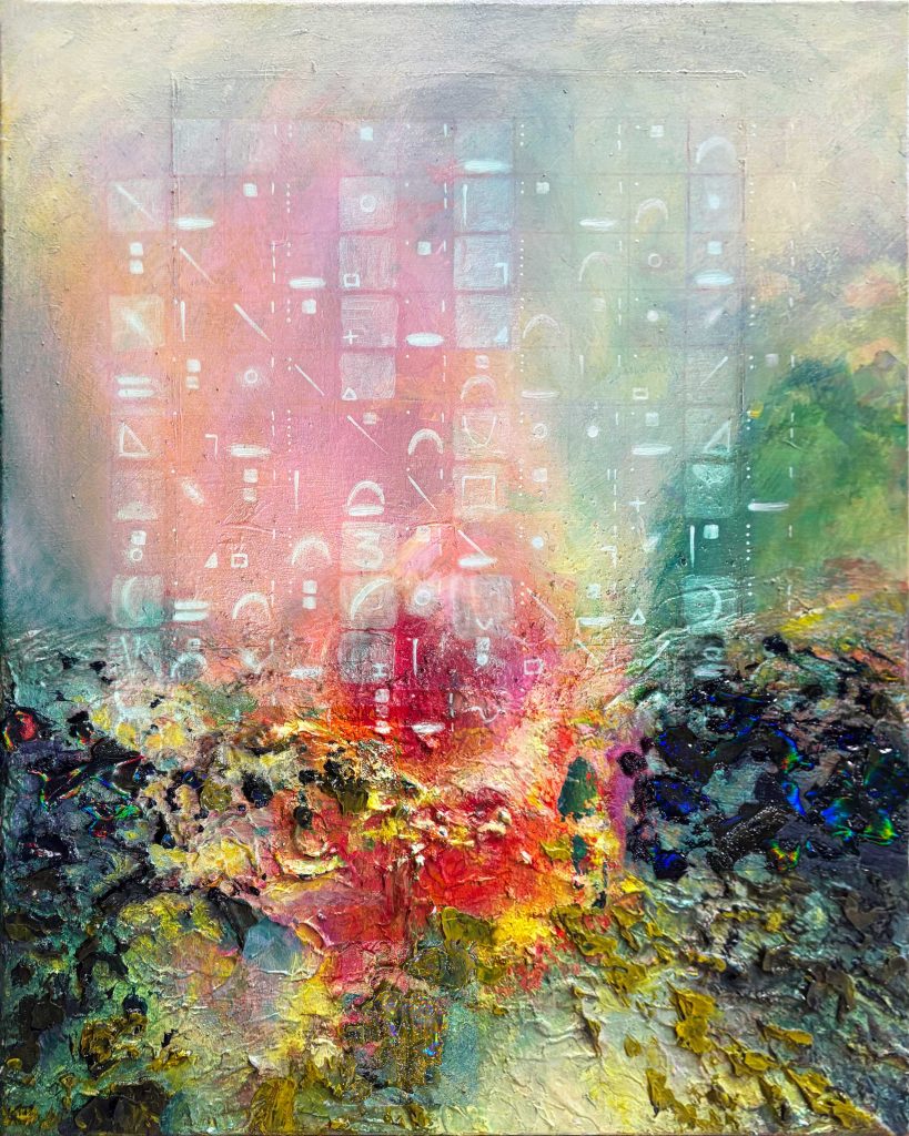 Spectral Encoding II is a 20 × 16 in. iridescent acrylic painting on canvas with a grid of pale green symbols encoding prime factorizations over translucent pink, blue, green, and gray, above a dense, heavily textured impasto field of holographic black, red, yellow, and green paint depicting an abstract landscape.