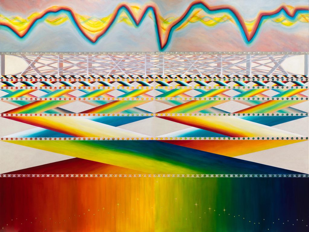 Flight Pattern is a 72 x 96 in. acrylic painting on canvas depicting a 64-point fast Fourier transform. A multicolored waveform tracing the distance between two tracked points on a flying butterfly's wings crosses a gray-blue sky above woven gray bit-reversal lines, progressively larger rainbow butterfly diagrams, and a rainbow output spectrum.
