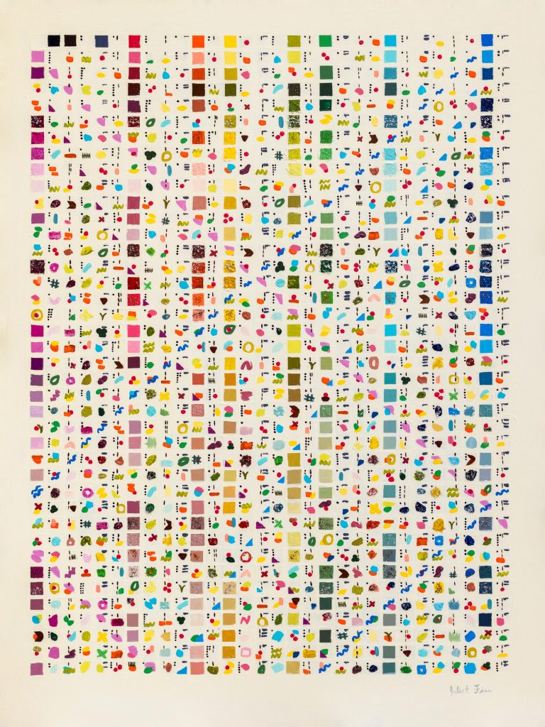 Prime Factorization of the First 1200 Integers is a 40 x 30 in. acrylic painting on canvas arranged as a base-30 grid with 30 columns and 40 rows. Each of the 1,200 cells contains a colorful combination of symbols encoding one integer's prime factorization.