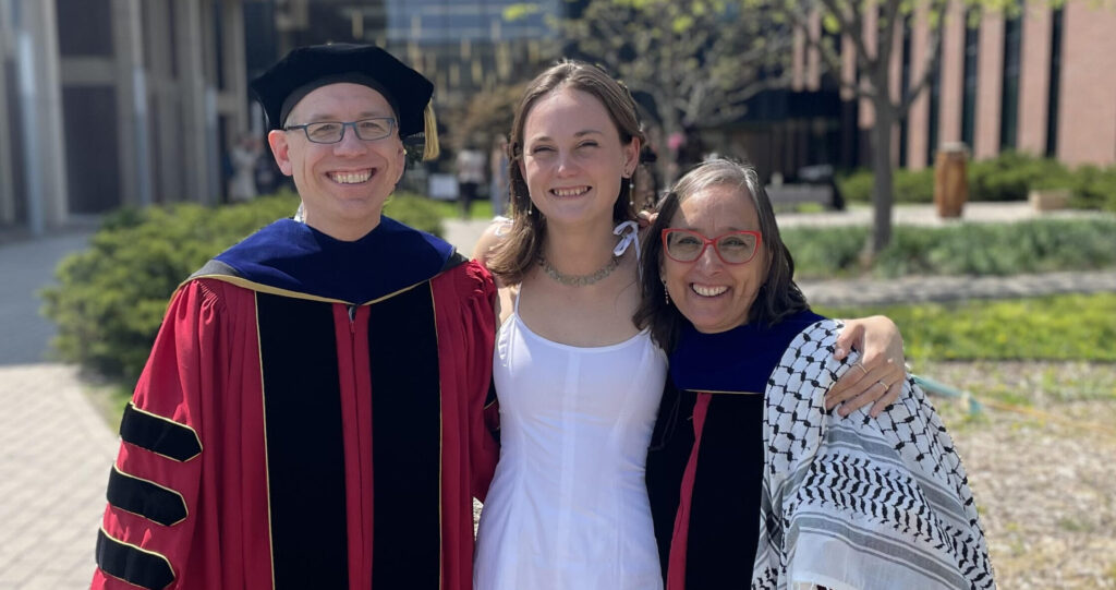 Anika Brennan, class of 2024, with faculty Erik Larson and Erika Busse-Cárdenas