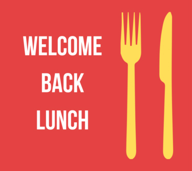 Graphic of fork and knife with caption "Welcome Back Lunch"