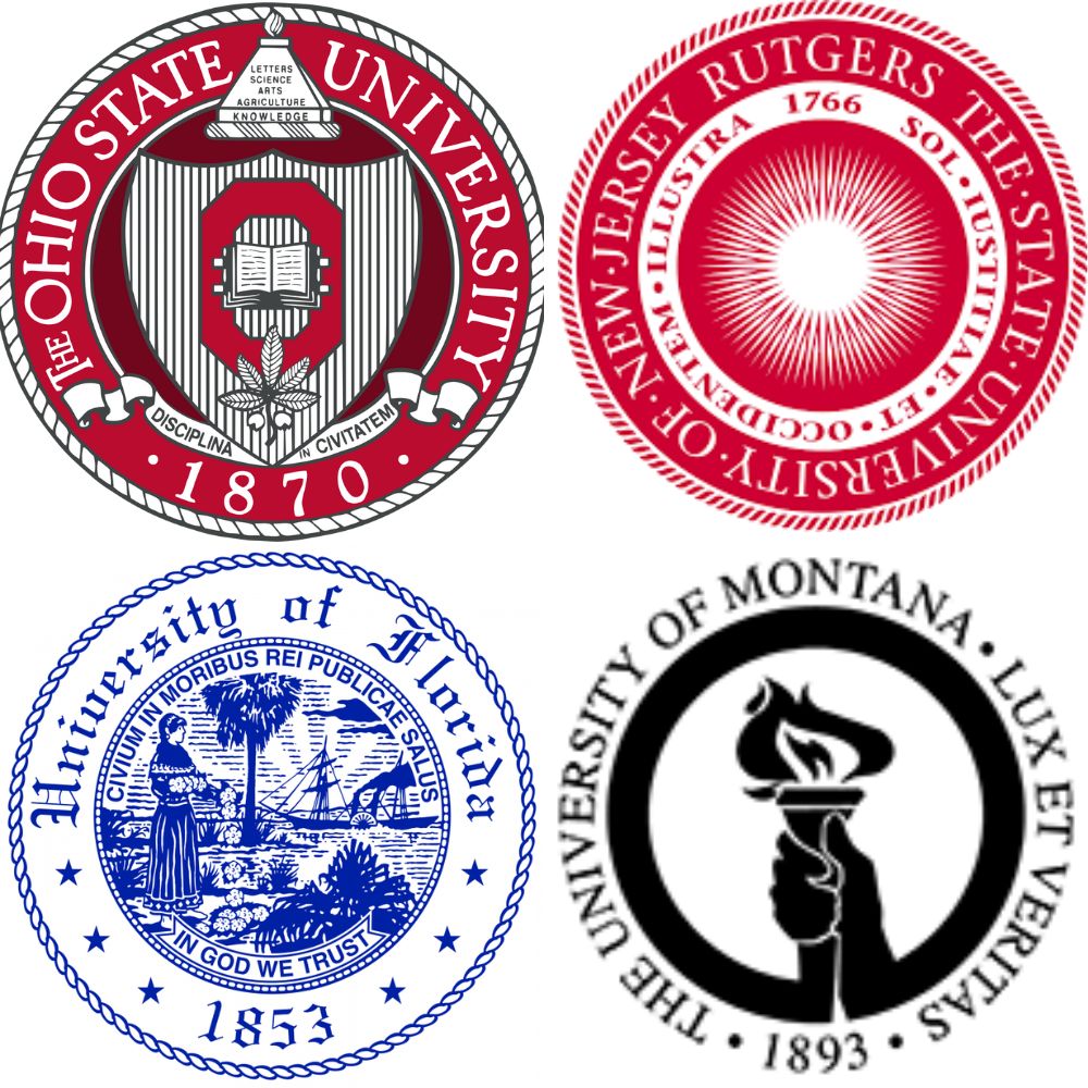 Logos of Ohio State University, Rutgers, University of Florida, and the University of Montana where four English graduates will attend next year.