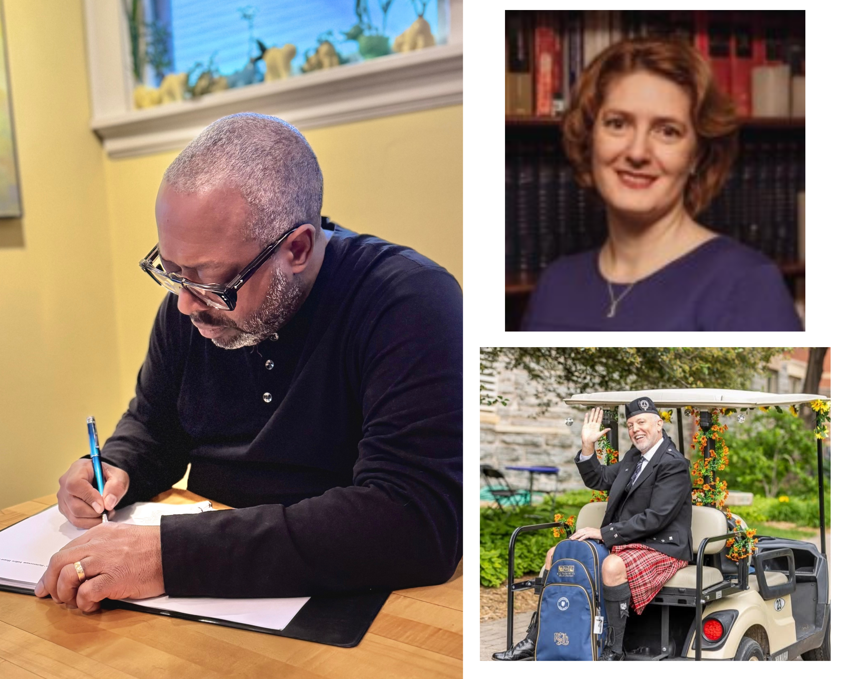 A collage with pictures of Michael Kleber-Diggs writing, a headshot of Mercedes Sheldon and a picture of Michael Householder riding a cart.