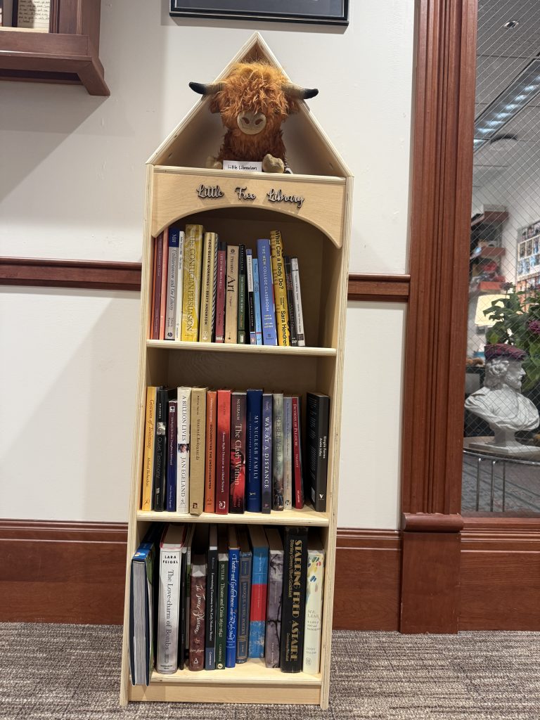 New little library bookshelf with three rows and Highland Coo plushie at the top. Books of various shapes, colors, and sizes line the shelves.