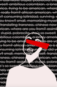 Line drawing of a person with a red line over their eyes in front of a background of crossed out words