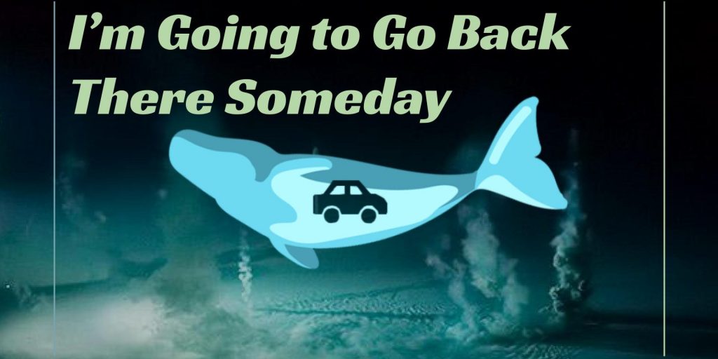 The poster for "I'm Going to Go Back There Someday": a car inside of a whale