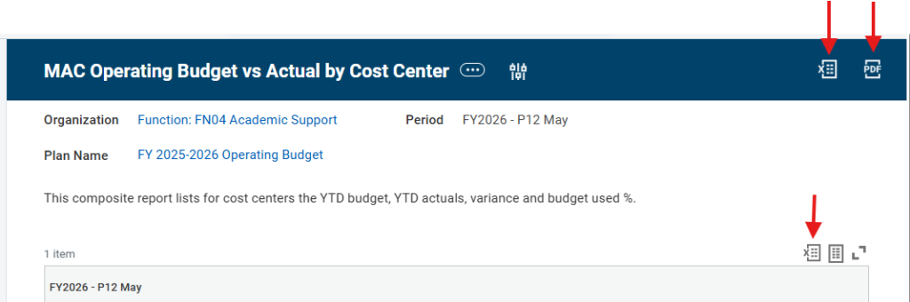Web view of a report with the export icons incidated