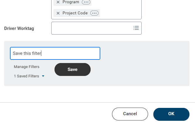 Web view of a report filter