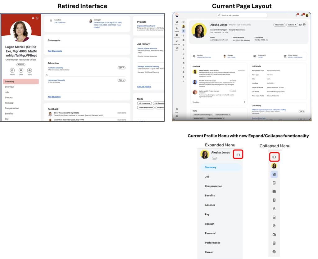 Retired and current Profile layouts shown side-by-side for comparison. Minimal changes include moving profile picture, name, and contact information to a header and a new icon for expanding and collapsing the profile menu.