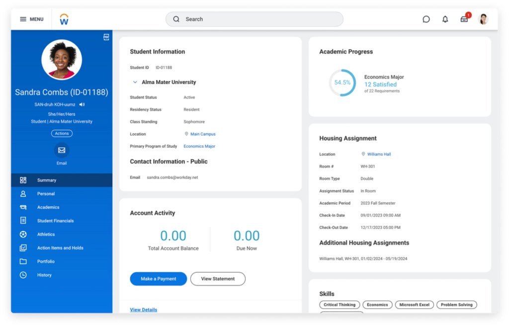 Example of the Workday Student Information System interface