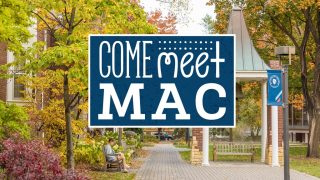 A blue square with the text Come Meet Back over a background image that shows the bell tower on Macalester's campus in the fall.