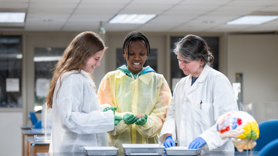 Two students wearing lab coats work in a psychology lab with their professor.