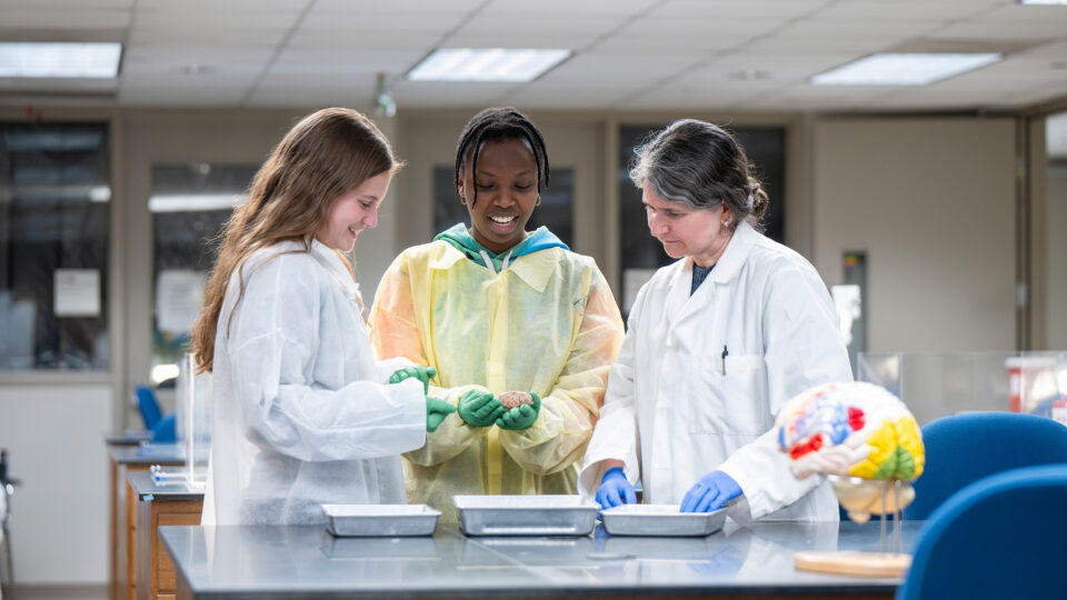Two students wearing lab coats work in a psychology lab with their professor.