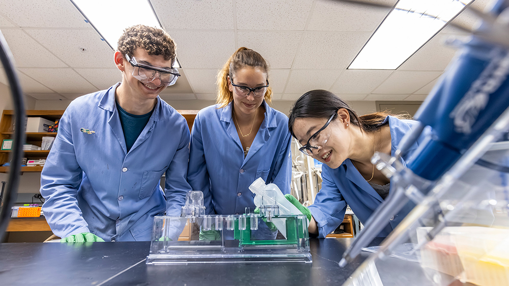 Three students wearing blue lab coats and holding test tubs work on a chemistry experiment in a lab.